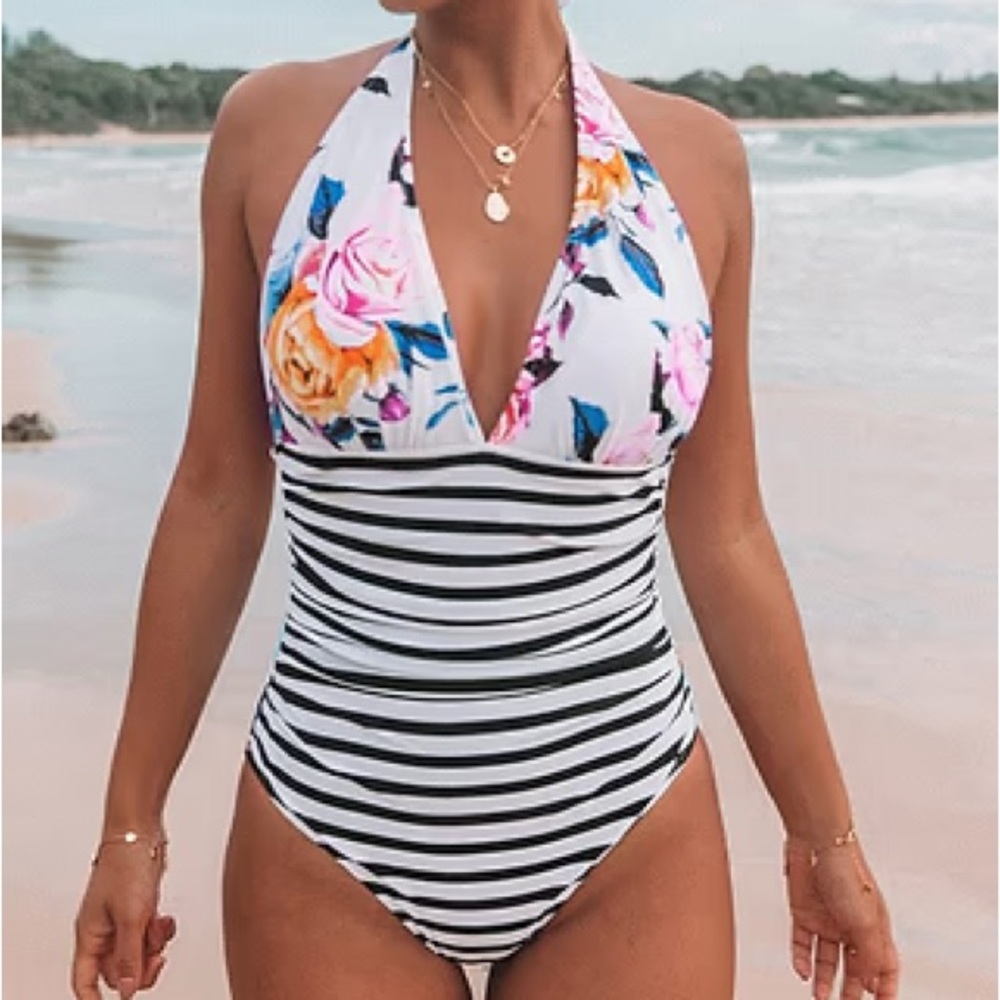 Floral Halter Stripe One-Piece Swimsuit - White Floral/Black Stripe
